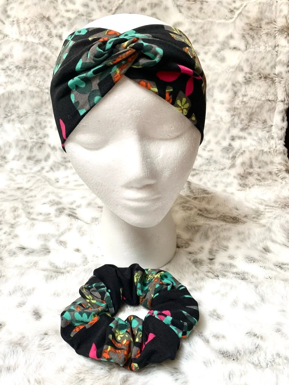 Black Floral Twist Headband  and Scrunchie Set with Teal and Coral Accents. NWOT